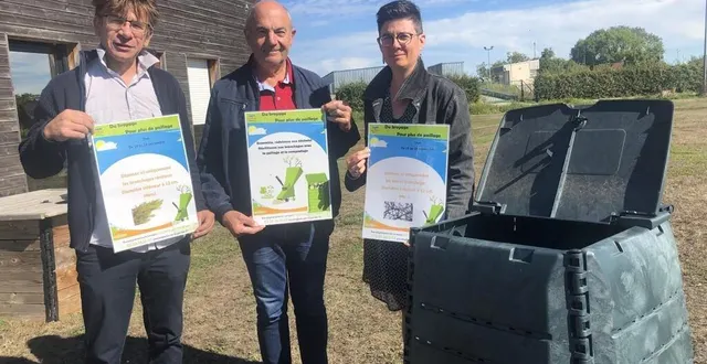 photo  arnaud potocki, alain lolivier (maire d’écouché-les-vallées) et fabienne prat à côté d’un composteur.  &copy;  ouest-france 