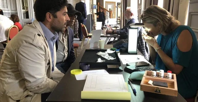 photo  caroline pietri, experte en bijoux, or et gemmologie, ici en train de scruter des émeraudes, à l’hôtel concordia au mans (sarthe).  &copy;  ouest-france 