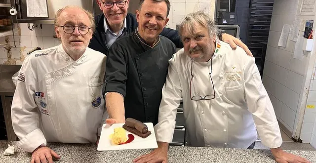 photo  ce dessert, présenté par loïc lami, dominique bourneuf, sébastien guillemard et jean-marie barbotin, sera servi à la petite auberge à malicorne-sur-sarthe, pour la semaine du goût.  &copy;  ouest-france 
