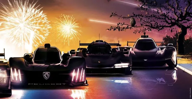 photo  à droite de l’affiche de l’édition 2023, on découvre un hibou surplombant les hypercars.  &copy;  aco 