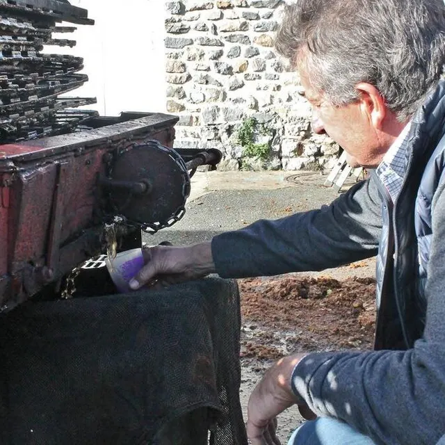 photo le maire pascal lelièvre se servant du jus brut sorti de la cidreuse de la famille peslier.  ©  ouest-france
