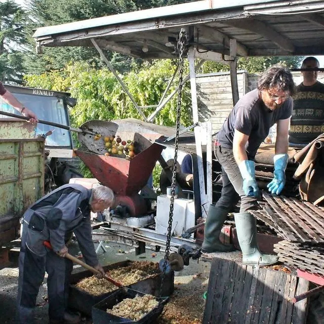 photo florian lemaître (avec les gants, au centre) a fait tourner l’antique cidreuse de son « pépé » avec l’aide de bénévoles.  ©  ouest-france