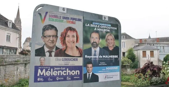 photo  les affiches de campagne d’élise leboucher (nupes) et de raymond de malherbe (rn) lors du second tour des législatives en juin 2022, à sablé-sur-sarthe.  &copy;  ouest-france 