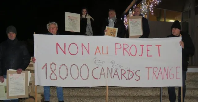 photo  des membres du collectif « non aux 18 000 canards trangé » sont venus mardi 6 décembre en soirée manifester devant la mairie leur opposition à ce projet.  &copy;  le maine libre 