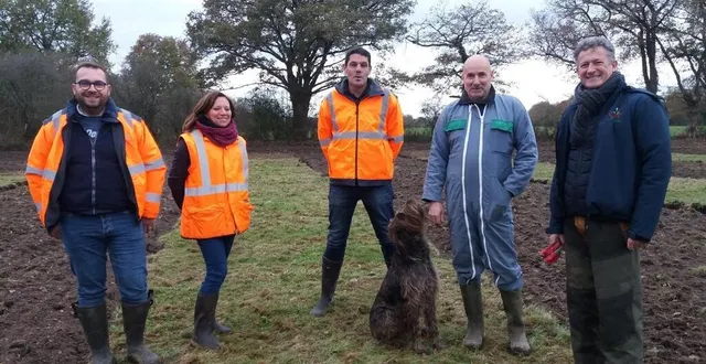 photo  de gauche à droite : les techniciens de l’entreprise naudet, en charge des plantations, bertrand paris, propriétaire, et cédric belliot du crpf, sur le terrain où seront plantés les arbres, à spay (sarthe).  &copy;  ouest-france 