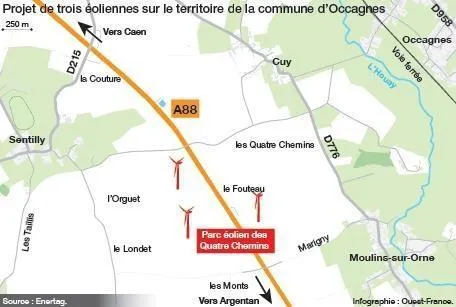 photo le projet du parc éolien envisagé à occagnes comporterait trois éoliennes.  ©  infographie ouest-france