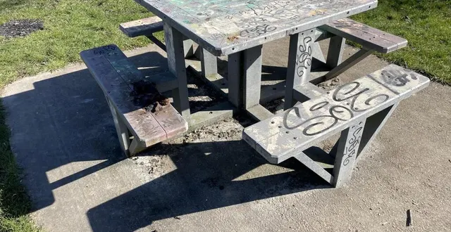 photo  toutes les tables de l’aire de pique nique du clos menou sont taguées, et celle-ci est agrémentée de déjections humaines sur le banc à gauche…  &copy;  ouest-france 