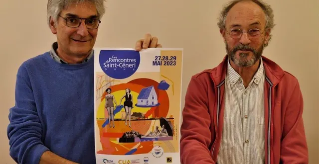 photo  le président des amis de saint-céneri, marc chatain, à droite, et patrick boileau présentent la belle affiche de julien moulin pour les rencontres de la pentecôte.  &copy;  ouest-france 
