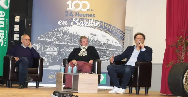 photo  rené dronne, gérard fresnay et bruno palmet, lors de la conférence du centenaire des 24 heures du mans.  &copy;  ouest-france 