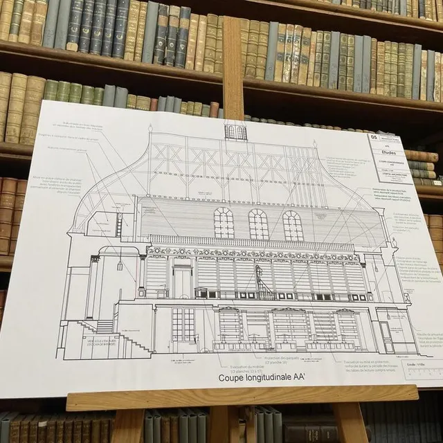 photo un plan en coupe de la chapelle du collège des jésuites d’alençon, édifiée à la fin du xviie siècle. on y voit la forme de sa charpente dite à l’impériale, ainsi que la salle dont les boiseries nécessitent des travaux de confortement.  ©  ouest-france