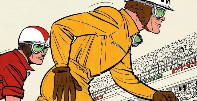 photo  tirage d’art de l’album « le grand défi » (1959). michel vaillant observe son adversaire steve warson prendre le départ des 24 heures du mans.  &copy;  graton éditeur / dupuis 