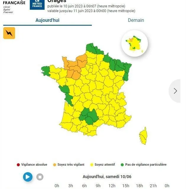 Météo France a placé les cinq départements normands en vigilance orange pour des orages qui devraient éclater en milieu d’après-midi, ce samedi 10 juin 2023. Capture d’écran Météo France photo météo france a placé les cinq départements normands en vigilance orange pour des orages qui devraient éclater en milieu d’après-midi, ce samedi 10 juin 2023. © capture d’écran météo france
