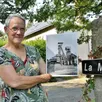 photo  régine vaillant, présidente de l’association ans-traces-sites, sur les lieux de l’ancienne mine de la sanguinière, avec une photo d’époque, prise dans les années 1940. 