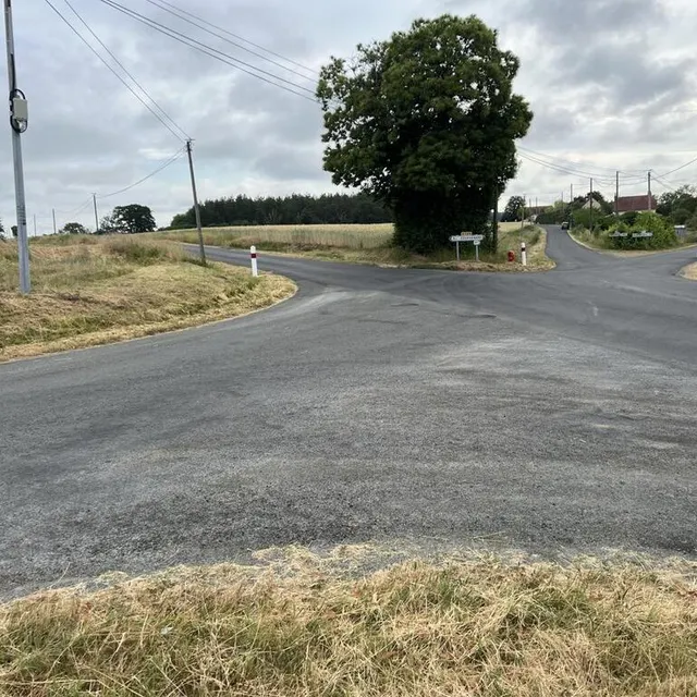 photo à la croisée de trois routes dessinant une étoile à cinq branches, le châtaignier aux pendus de saint-jean-des-échelles se voit de loin.  ©  yanne boloh