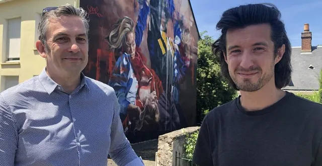 photo  michaël guihard, adjoint au maire, et étienne kervella, directeur artistique de plein champ, devant une fresque de spear, rue des maillets, street artiste pour l’édition de 2022 du festival.  &copy;  ouest-france 