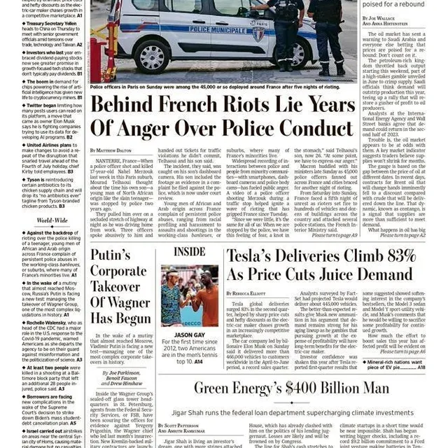 photo la une du wall street journal, lundi 3 juillet 2023.  ©  wsj