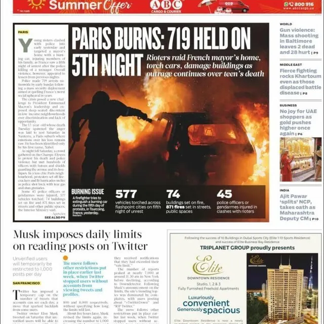 photo la une de gulf news du 3 juillet 2023.  ©  gulf news