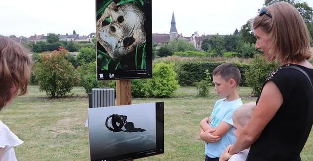 photo  zoé, arthur, tom et leur maman, devant le cliché « les racines flottantes, » réalisé en commun, à l’étang de la croix-lamirault, l’un des quinze choisis pour l’exposition.  &copy;  ouest-france 
