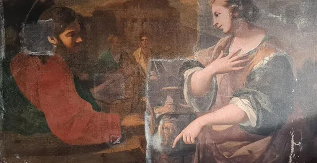 photo  un médiateur explique gratuitement lors des visites la restauration du tableau « le christ et la samaritaine » de pierre lemaire.  &copy;  photo aurore vieillerobe 