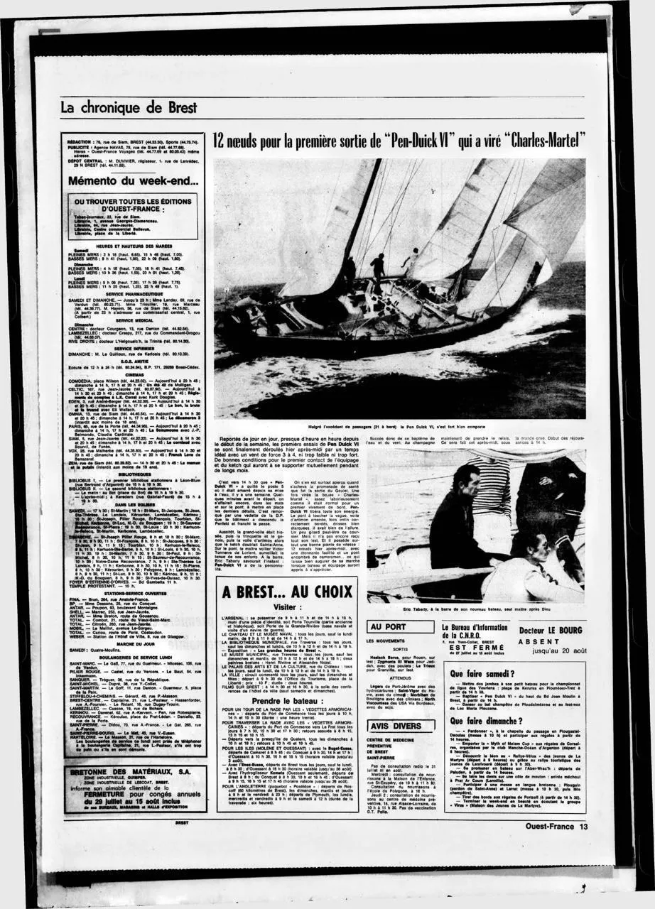 Dans les archives d’OuestFrance. 27 juillet 1973 PenDuick VI dans