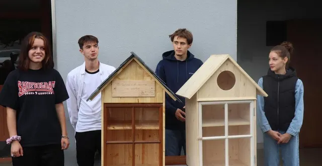 photo  (de gauche à droite) félicie, lucas, paul et lalie ont réalisé deux boîtes à livres lors d’un chantier argent de poche.  &copy;  ouest-france 