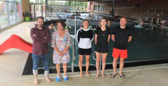 photo  de gauche à droite : dylan amar, directeur des bains d’orée, nathalie dupont, présidente de la communauté de communes, marie estéban, championne de france de natation 50 m nage libre, ambre gaugain, maître-nageuse sauveteuse, et david poirrier, maître-nageur.  &copy;  ouest-france 