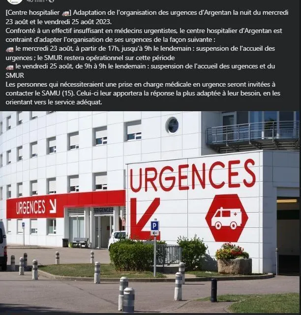 photo la municipalité d’argentan a publié mercredi un message à propos de la fermeture temporaire des urgences de l’hôpital. un message supprimé depuis.  ©  capture d’écran facebook / ville d’argentan