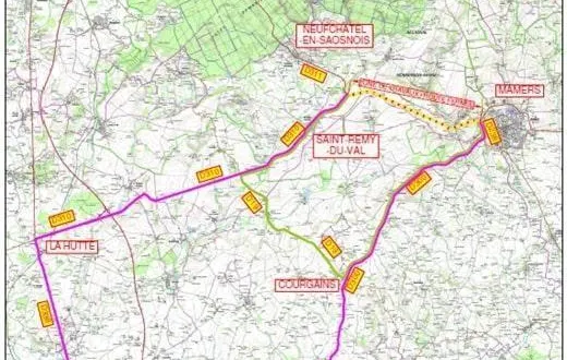 photo  carte des déviations prévues pendant les travaux. le tracé rose pour les camions, le vert pour les véhicules légers.  &copy;  document commission voirie 