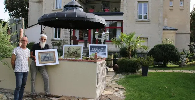 photo  dans le parc avec en arrière plan le manoir le madrigal, jean-léo dugast, photo en mains, accompagné d’hervé frelon.  &copy;  ouest-france 