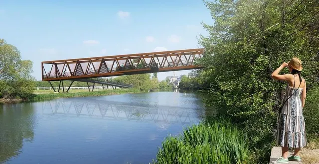 photo  le projet de passerelle sur la sarthe à sablé : ici la vue de la passerelle côté rue françois-mauriac. la passerelle fera 106 mètres de long dont 77 mètres sur la sarthe.  &copy;  agence aei 