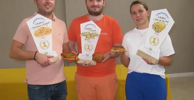 photo  teddy cheux, de l’avenue félix-geneslay, au mans (sarthe), double vainqueur de la viennoiserie originale et du pain au chocolat, avec une employée. au centre, thomas ledru, de fresnay-sur-sarthe, lauréat du meilleur croissant.  &copy;  ouest-france 