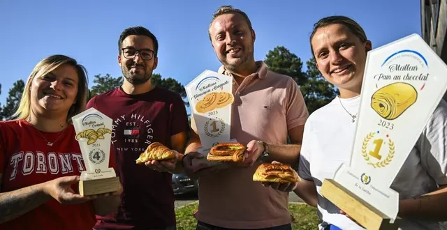 photo  le mans, mardi 10 octobre 2023. le doublé pour la boulangerie « au fournil des gourmands » de l’avenue geneslay, au mans. le patron teddy cheux tout sourire, entouré d’héloïse tarkowski, de benoît burger et de louna gypteau.  &copy;  le maine libre – denis lambert 