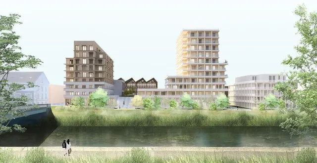 photo  vu de l’ile-aux-planches, le futur ensemble immobilier. seuls les contours du bâtiment sur la droite sont susceptibles d’évolution. entre les deux immeubles, le futur parking silo.  &copy;  magnum architectes 