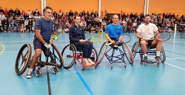 photo  les trois sportifs paralympiques, accompagnés de jean charles rioton, ont échangé quelques balles, mercredi 8 novembre 2023, à vibraye (sarthe). la ministre des sports a remercié les organisateurs de l’événement.  &copy;  archives ouest-france 