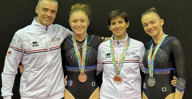 photo  ici avec ses entraîneurs virginie (coach pour l’équipe de france) et romuald abadie (kinésithérapeute), ainsi que sa coéquipière maëlie abadie (à droite), candy brière-vetillard a remporté le titre mondial, à birmingham, ce week-end.  &copy;  virginie abadie 