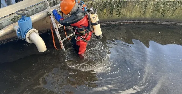 photo  une fois équipé, philippe lostys descend prudemment, dans le bassin pour y effectuer les manipulations.  &copy;  ouest-france 