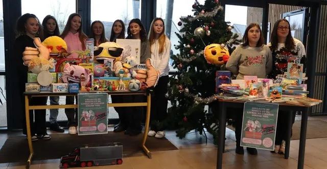 photo  les jeunes du conseil de vie collégienne devant les jouets et les livres qu’ils ont récoltés au profit des restos du cœur.  &copy;  ouest-france 