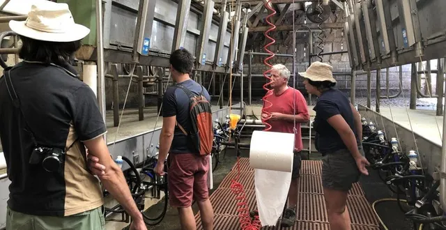 photo  deux stagiaires d’alterfixe découvrent la salle de traite de xavier maunoury, un paysan bio du châtellier, en août 2022.  &copy;  ouest-france 