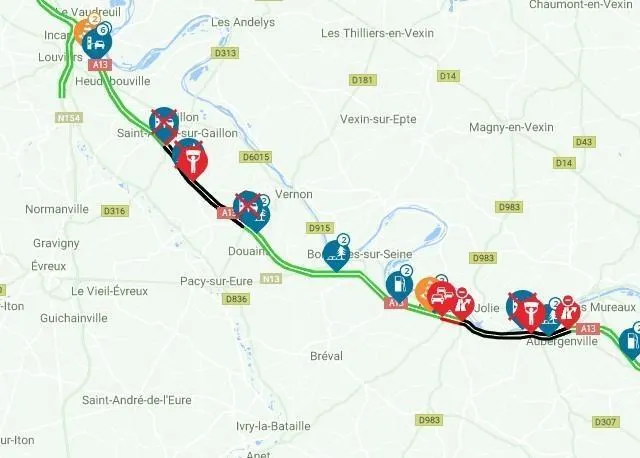 photo deux tronçons de l’a13, dans les yvelines et dans l’eure, sont bloqués par les agriculteurs en colère.  ©  capture d’écran sanef