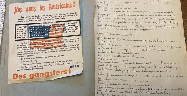 photo  dans son journal de la guerre, xavier rousseau rédige ce qu’il sait de la vie argentanaise, et collecte aussi des documents (ici de la propagande anti-américaine).  &copy;  ouest-france 
