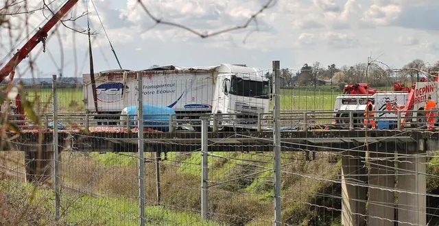photo  le camion s’est renversé et a perdu sa cargaison constituée de viscères de volailles, ce lundi 11 mars 2024, sur la d4 entre sablé-sur-sarthe et poillé-sur-vègre (sarthe).  &copy;  ouest-france 