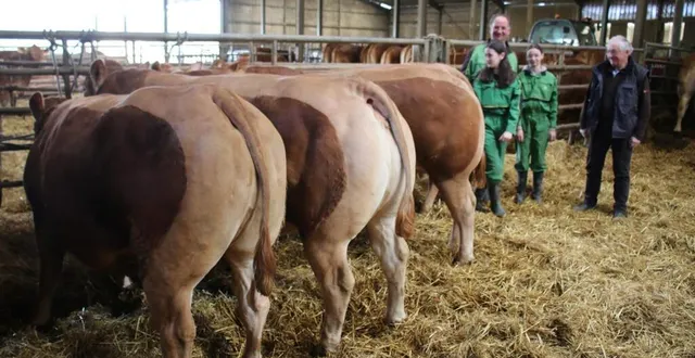 photo  derrière les animaux de viande, michaël hermenault (à gauche), accompagné de ses deux filles, clarisse et mélie, et de christian leffray.  &copy;  ouest-france 