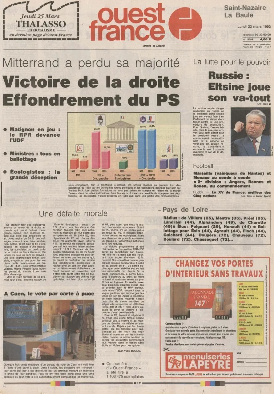 Dans les archives d’OuestFrance 21 mars 1993 la déroute du Parti