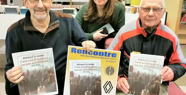 photo  à droite raymond hubert, l’un des coauteurs de l’ouvrage, à gauche son collègue alain ballayer, avec derrière eux alexandra goubin, la médiathécaire ravie de les accueillir au café livre le 26 mars prochain à 20 h  &copy;  photo le maine libre 