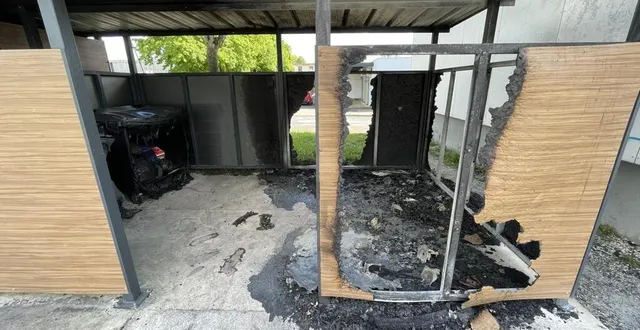 photo  des bacs roulants et un abri de poubelles ont été incendiés, place du point-d’argentan, lundi 13 mai 2024.  &copy;  ouest-france 