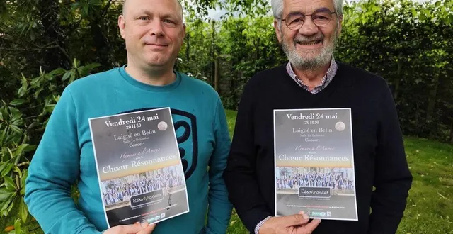 photo  grégoire vanherle, chef de chœur de l’ensemble vocal résonances, accompagné de jean-yves bône, fondateur de l’association aider un enfant à dano.  &copy;  le maine libre. 