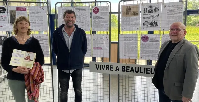 photo  jacqueline butaeye et jean-louis mustière, de l’association vivre à beaulieu, encadrent loïc pierre, directeur adjoint de la maison du citoyen, qui accueille l’exposition dédiée à raymond gurême jusqu’au 31 mai.  &copy;  ouest-france 