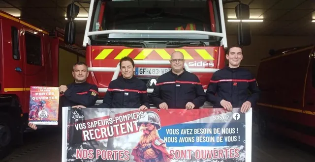 photo  jérôme houdayer, aurélie péan, mickaël roulier et clément lepineau, pompiers du centre de secours de loué (sarthe), ouvrent les portes de la caserne pour une journée exceptionnelle samedi 22 juin 2024, et tous les samedis matin pour le recrutement.  &copy;  ouest-france 