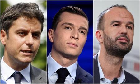photo Gabriel Attal, Jordan Bardella et Manuel Bompard vont débattre lors d’une émission organisée par TF1. OLYMPIA DE MAISMONT / AFP ; JULIEN DE ROSA / AFP ; THOMAS SAMSON 