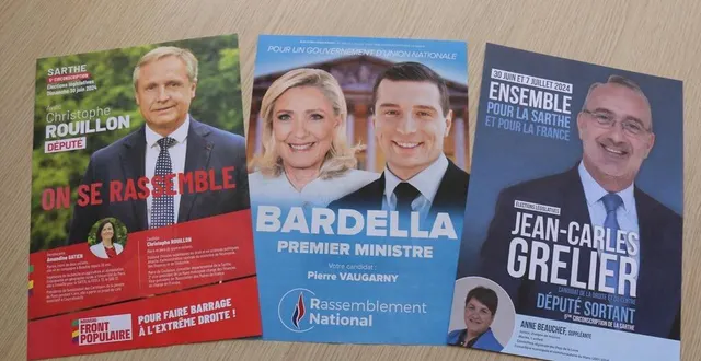 photo  dans la 5e circonscription de la sarthe, la victoire devrait se jouer entre trois candidats : christophe rouillon (nouveau front populaire), pierre vaugarny, dont la photo n’apparaît pas sur l’affiche du rassemblement national, jean-carles grelier, (ensemble pour la république).  &copy;  ouest-france. 
